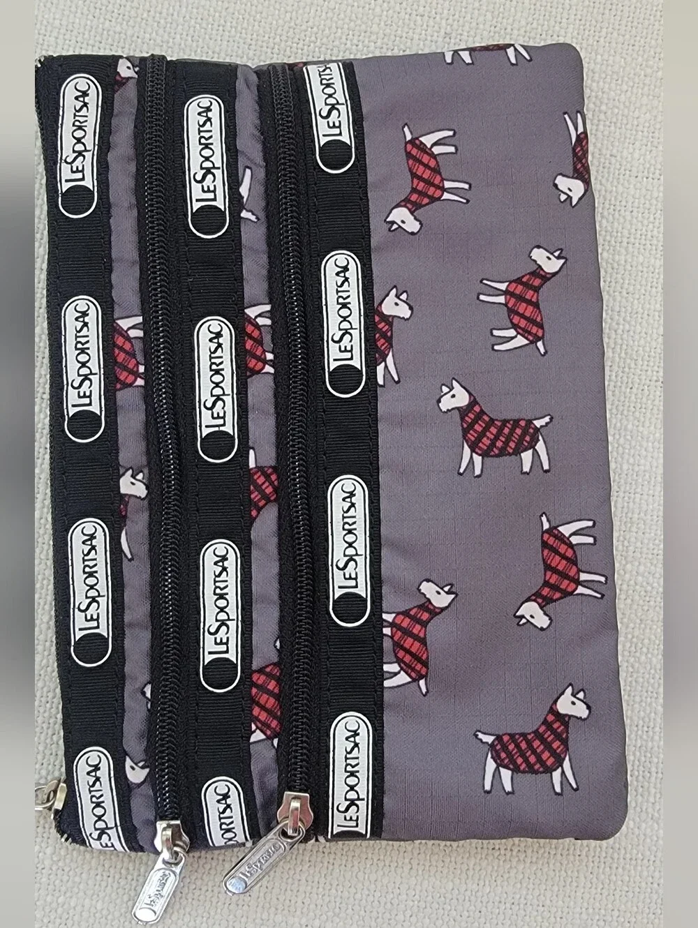 LeSportsac Gray Triple-Zip Pouch with Terrier Toss Print!